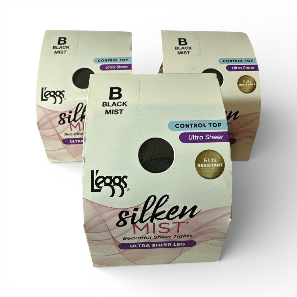 L'eggs Silken Mist Tights Women Size B Black Mist‎ Control Top 3 Pack NEW